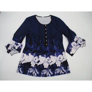 Womens Blouse Small Blue Button Floral Casual Ruffle Lightweight Preppy